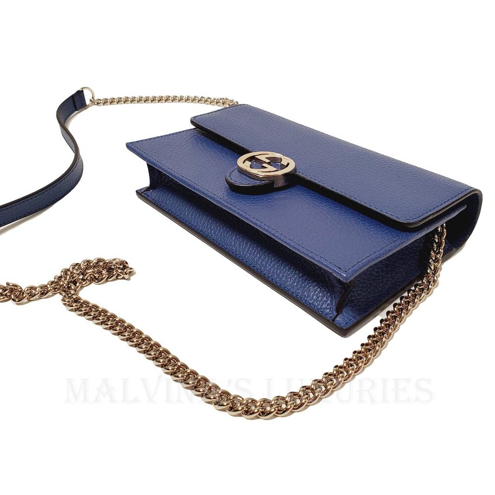 GUCCI BAG 510314 INTERLOCKING G CHAIN BLUE LEATHER CROSSBODY WALLET $1,550 - Picture 5 of 12